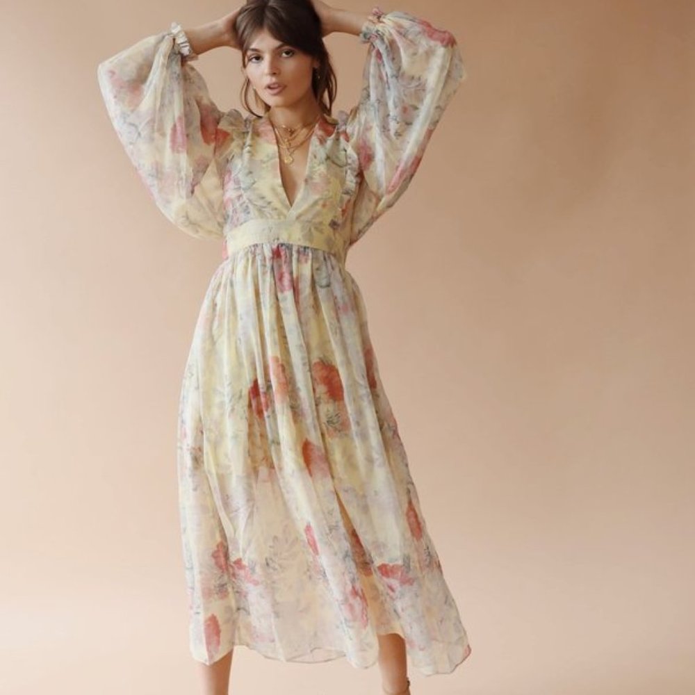 Yellow Floral Midi Dress w/ Sheer Billow Long Sleeves